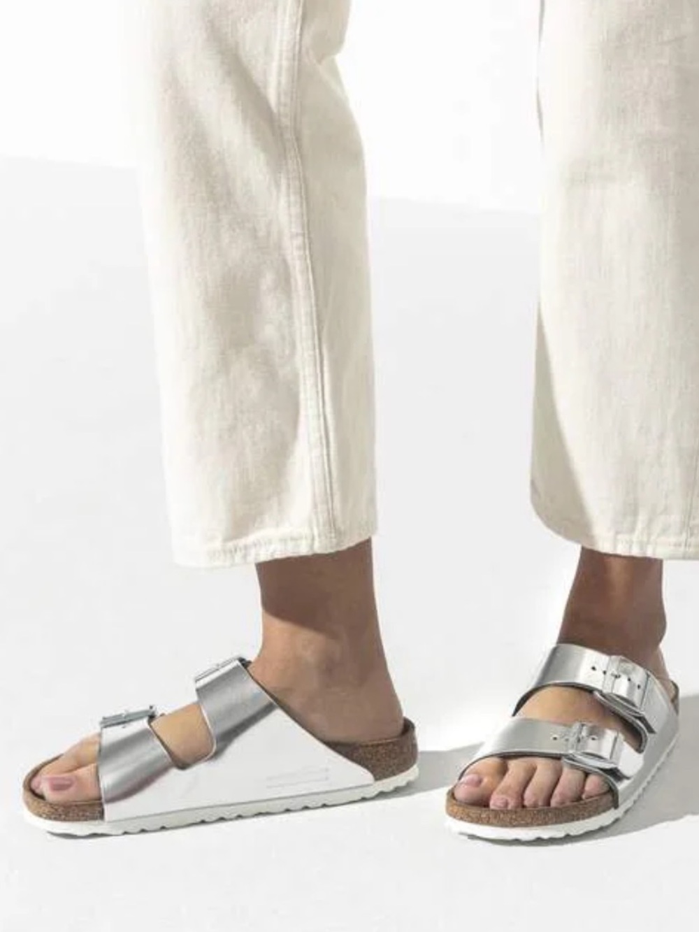 Birkenstock Arizona Metallic Silver Two-Buckle Sandals
